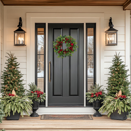 Crabapple and Berries Boxwood and Pine Artificial Christmas Wreath - 26" - Unlit - IMAGE 1