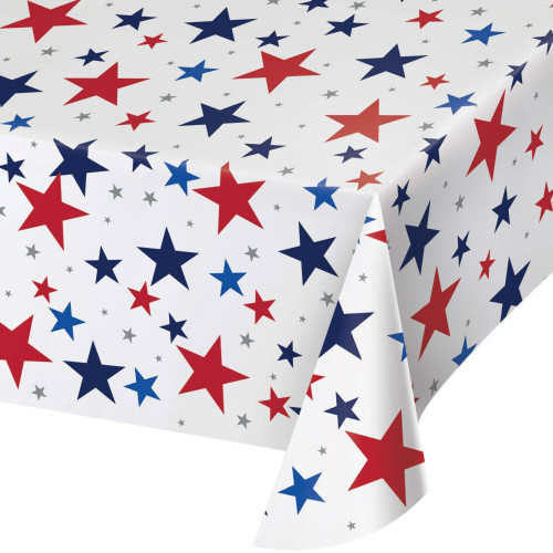Patriotic Stars Rectangular Tablecloth - 8.5' - Red and Blue - Club Pack of 12 - IMAGE 1