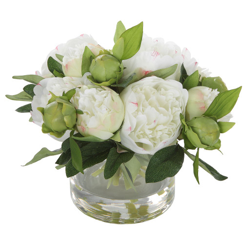 Lush Peony Blossoms and Buds Artificial Bouquet - 10" - White and Green - IMAGE 1