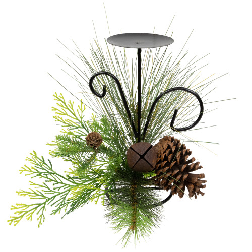 Pine Cones and Jingle Bell Christmas Pillar Candle Holder - 10" - IMAGE 1