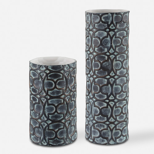 Raised Cylindrical Ceramic Tabletop Vases - 18" - Bronze and White - Set of 2 - IMAGE 1