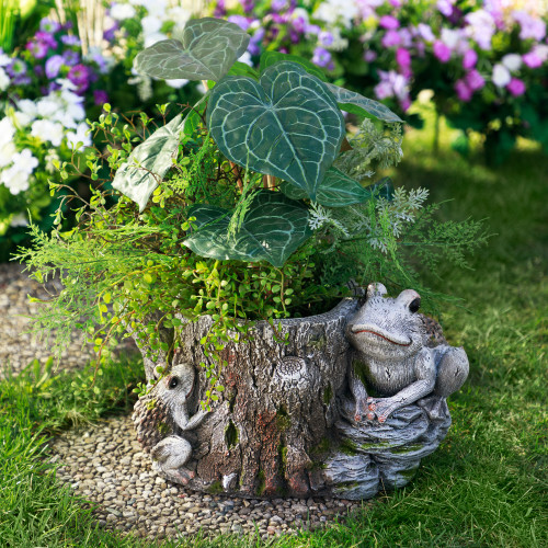 Frogs on Tree Stump Outdoor Garden Planter - 9" - IMAGE 1