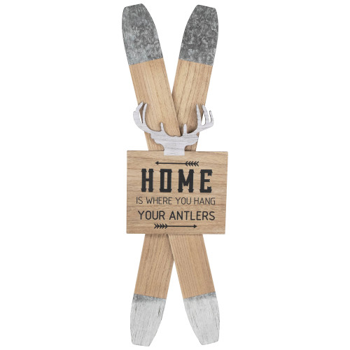 Wooden "Home is Where You Hang Your Antlers" Ski's Christmas Wall Sign - 35.75" - IMAGE 1