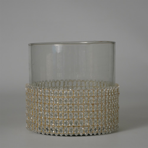 Beaded Glass Votive Candle Holder - 6" - Clear and Gold - IMAGE 1