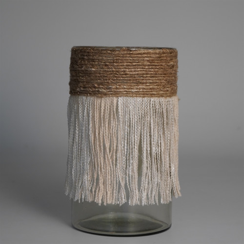 Textured Fringe Glass Votive Candle Holder - 10" - Brown and White - IMAGE 1