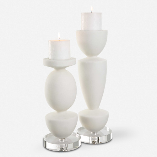 Stone Pillar Candleholders with Crystal Foot - 16" - White - Set of 2 - IMAGE 1