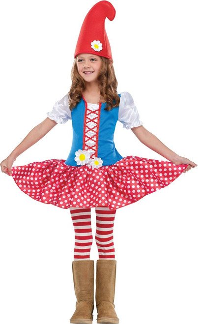 Blue and Red Polka Dotted Gnome Toddler Girls Halloween Costume - Large - IMAGE 1