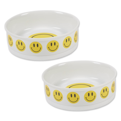 Smiley Face Porcelain Large Pet Bowls - 7.5" - White and Yellow - Set of 2 - IMAGE 1