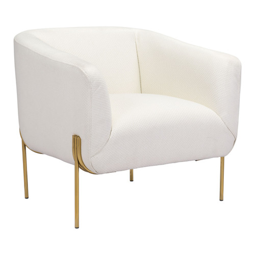 30.75" White and Gold Modern Style Upholstered Lounge Arm Chair - IMAGE 1
