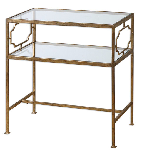 26" Chanelle Antiqued Gold Leaf Iron & Clear Glass Rectangular Accent Side Table - IMAGE 1