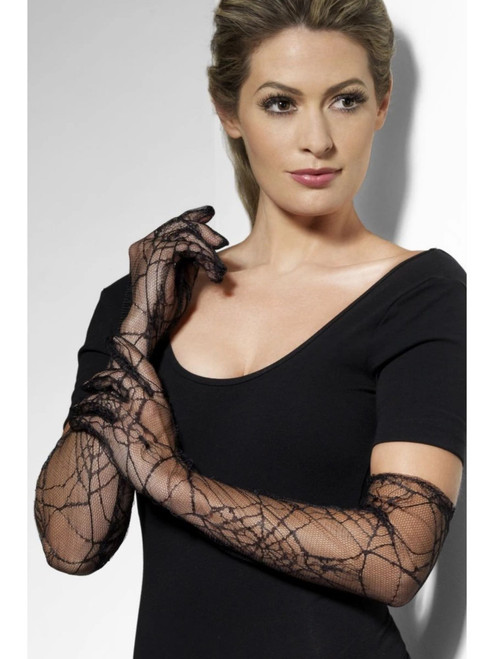 20" Black Spiderwebs Lace Fever Women Adult Halloween Gloves Costume Accessory - One Size - IMAGE 1