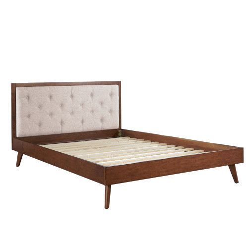 84.25” Brown and Beige Queen Size Bed Frame with Upholstered Headboard - IMAGE 1