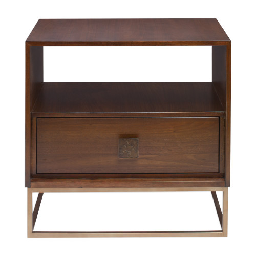 25” Brown Walnut Wood Side Table with Storage Drawers - IMAGE 1