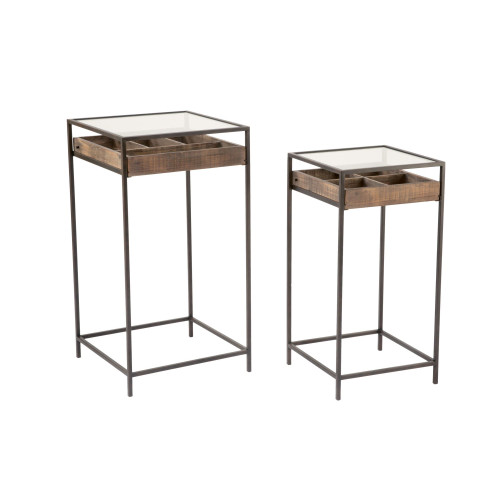 Set of 2 Brown and Clear Square Solid Side Table with Visible Storage Drawer 32.3" - IMAGE 1