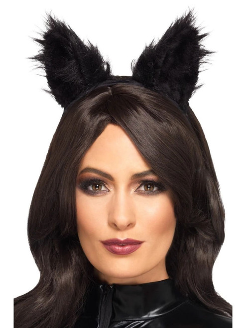20" Black Long Pile Fur Cat Ears Women Adult Halloween Headband Costume Accessory - One Size - IMAGE 1