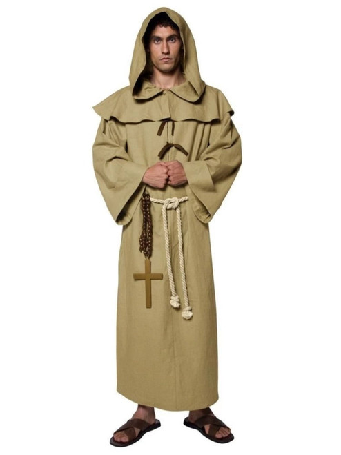 49" Brown and Cream White Tales of Old England Friar Tuck Men Adult Halloween Costume - Medium - IMAGE 1