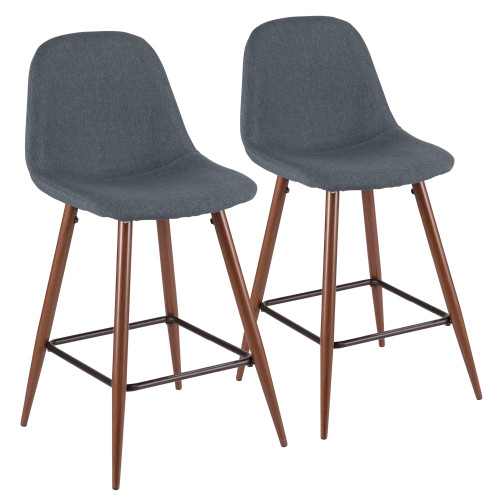 Set of 2 Pebble Walnut Metal and Blue Fabric Mid-Century Modern Counter Stools 34.75" - IMAGE 1
