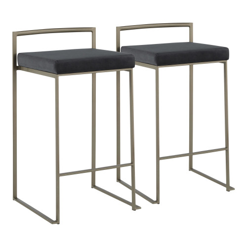 Set of 2 Industrial Counter Stools in Black Velvet and Antique Finish 31" - IMAGE 1