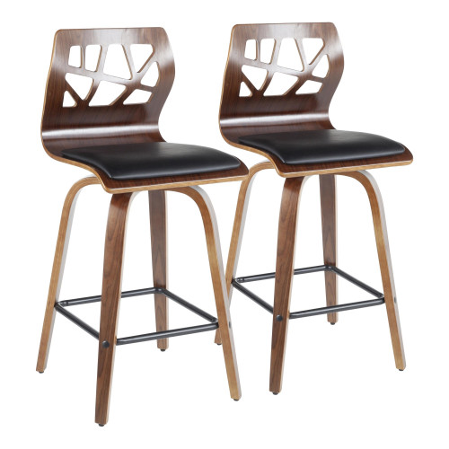 Set of 2 Backrest and Padded Black Faux Leather Seat Mid Century Modern Counter Stools 36.75" - IMAGE 1