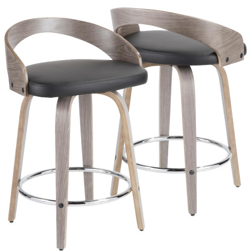 Set of 2 Black Faux Leather Seat and Light Gray Wood Base Counter Stools 29.5" - IMAGE 1