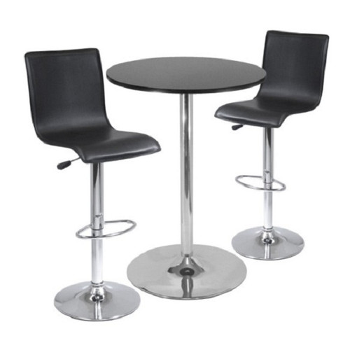 Set of 3 Black Round Pub Table and L-shape Leather Adjustable Swivel Stools, 45” - IMAGE 1