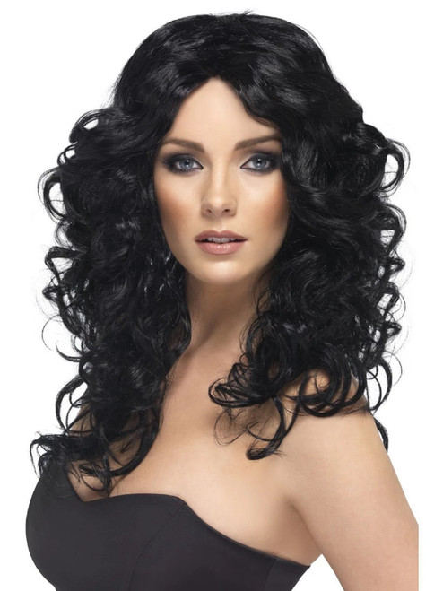 26" Black Glamour Shiny Long Curly and Wavy Women Adult Halloween Wig Costume Accessory - One Size - IMAGE 1