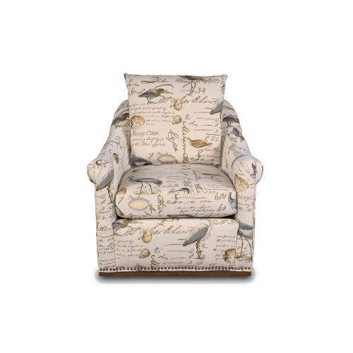 36" Beige Birdscript Low Back Swivel Chair with Rolled Arms and Nailhead Trim - IMAGE 1