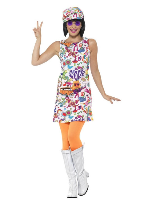 40" White and Orange 1960's Style Groovy Chick Women Adult Halloween Costume - Medium - IMAGE 1