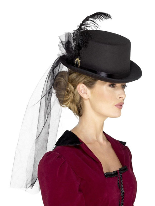 30.5" Black Victorian Women Adult Halloween Top Hat with Veil Costume Accessory - One Size - IMAGE 1