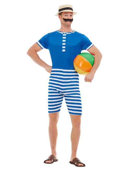 40" Blue and White 1920's Style Bathing Suit Men Adult Halloween Costume - Large - IMAGE 1