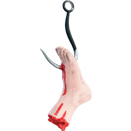 26.25" Red Meat Hook Through Foot Hanging Halloween Prop - IMAGE 1