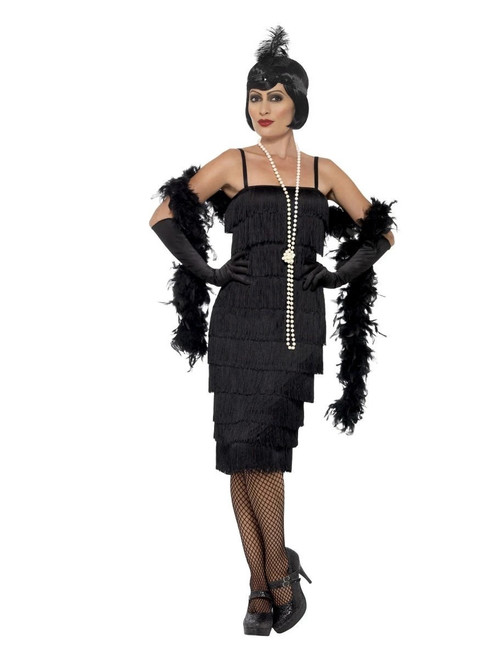 44" Black Flapper Women Adult Halloween Costume with Headband and Gloves - X2 - IMAGE 1