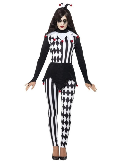 49" Black and White Cirque Sinister Jester Women Adult Halloween Costume - Medium - IMAGE 1