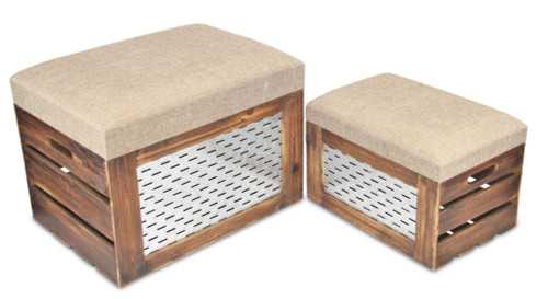 Set of 2 Brown and Beige Cushioned Wood Storage Benches with Interior Storage 21.25" - IMAGE 1