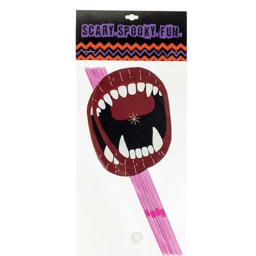 Pink and Red Paper Mouth Straws with Fangs Halloween Prop - IMAGE 1