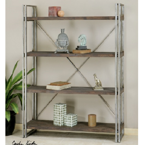 5.25' Antique Silver Metal & Walnut Stained Fir Wood Etagere Display Shelves - IMAGE 1
