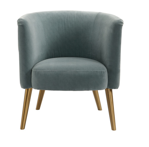 31" Haider Blue Velvet Half Barrel Accent Chair with Brass Dowel Legs - IMAGE 1