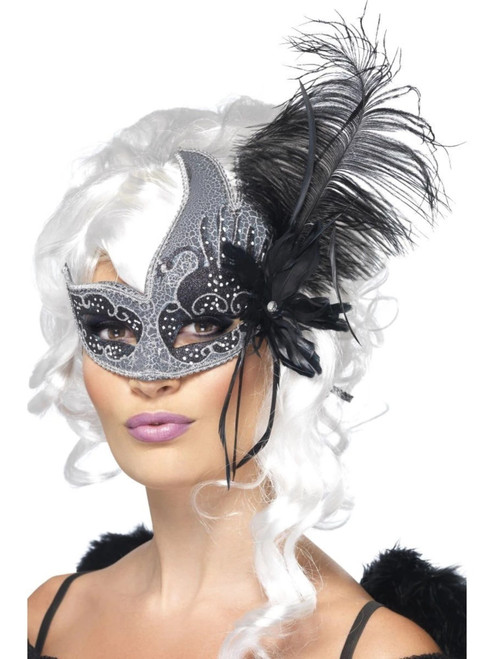 Silver and Black Masquerade Dark Angel Eye Mask Adult Women Costume Accessory - One Size - IMAGE 1