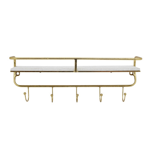 20" White and Gold Single Tier Wall Shelf with Hooks - IMAGE 1