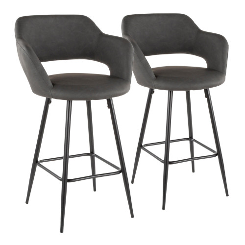 Set of 2 Grey Leather and Black Upholstered Margarite Counter Stool, 37” - IMAGE 1