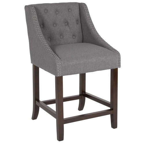 36" Grey Fabric Tufted Full Back Wooden Barstool with Accent Nail Trim - IMAGE 1