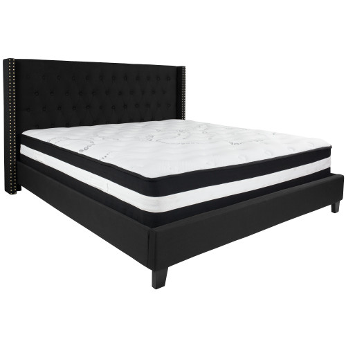 85.25" Black King Size Tufted Upholstered Platform Bed with Pocket Spring Mattress - IMAGE 1
