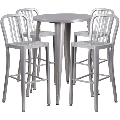 41'' Round Silver Metal Indoor-Outdoor Bar Table Set with 4 Vertical Slat Back Stools - IMAGE 1