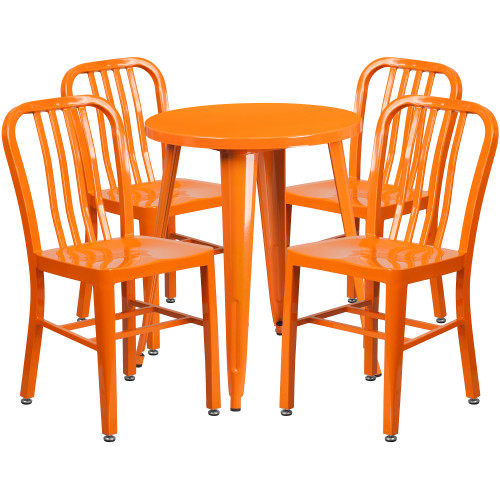 Set of 5 Orange Metal Indoor-Outdoor Round Table and 4 Vertical Slat Back Chairs Set 33.25” - IMAGE 1