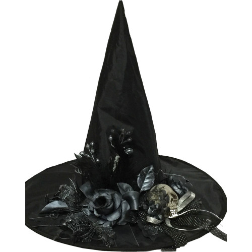 Black Witch Hat with Skull Bone Women Adult Halloween Costume Accessory - One Size - IMAGE 1