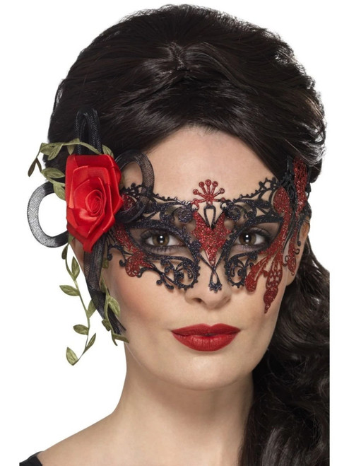 Black and Red Filigree Women Adult Halloween Eye Mask Costume Accessory - One Size - IMAGE 1