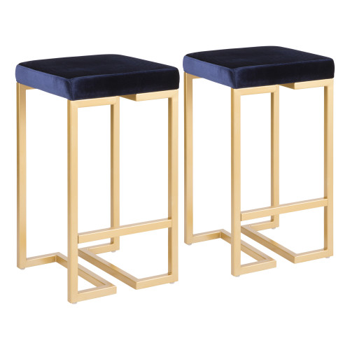Set of 2 Midas Gold Geometric and Royal Blue Velvet Upholstered Counter Stools 27" - IMAGE 1