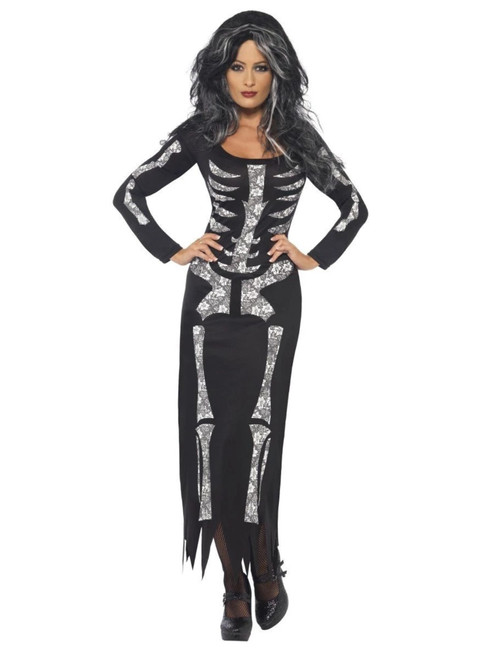 49" Black and White Skeleton Women Adult Halloween Costume - Small - IMAGE 1