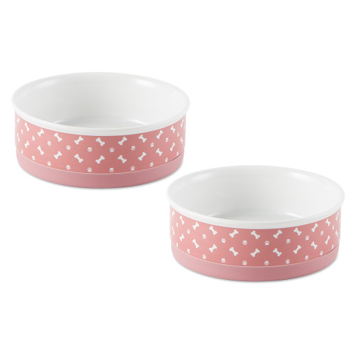Set of 2 Rose Pink and Cream White Round Tossed Bone and Paw Print Medium Pet Bowls, 6" - IMAGE 1