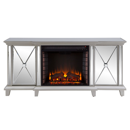 58" Silver Contemporary Rectangular Mirrored Media Fireplace with Storage Cabinets - IMAGE 1